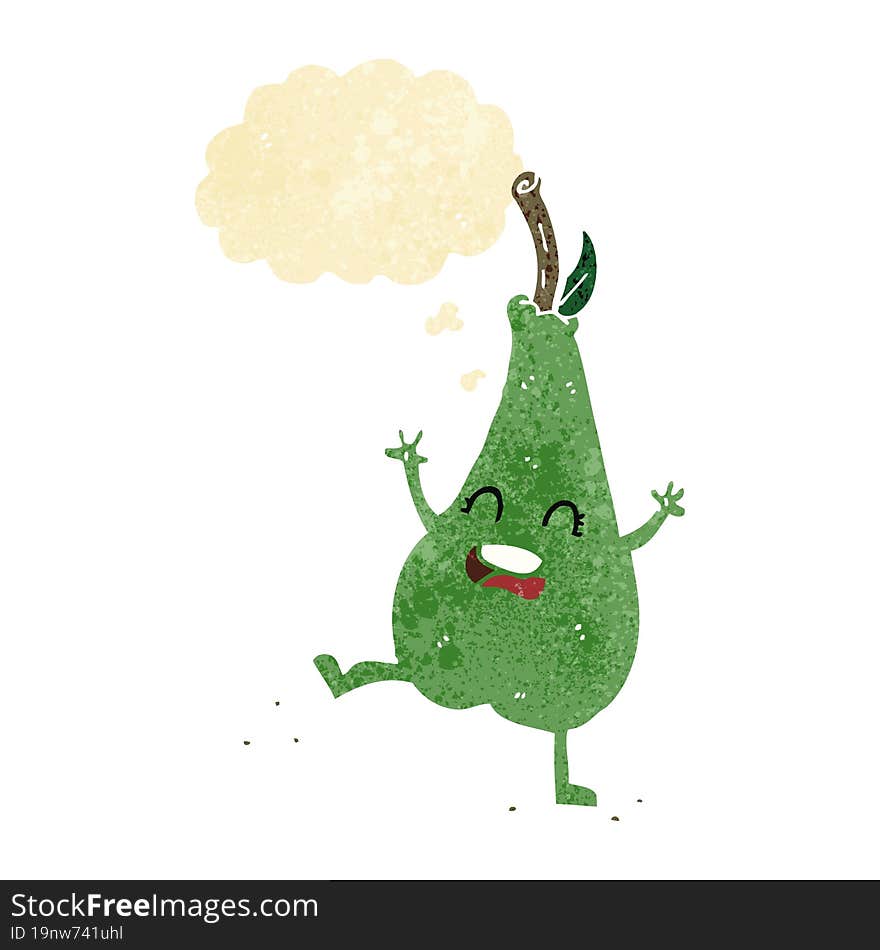 cartoon happy dancing pear with thought bubble