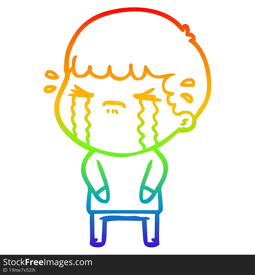 rainbow gradient line drawing of a cartoon man crying