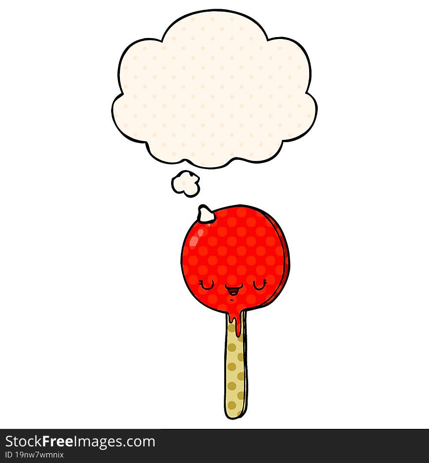 cartoon candy lollipop with thought bubble in comic book style