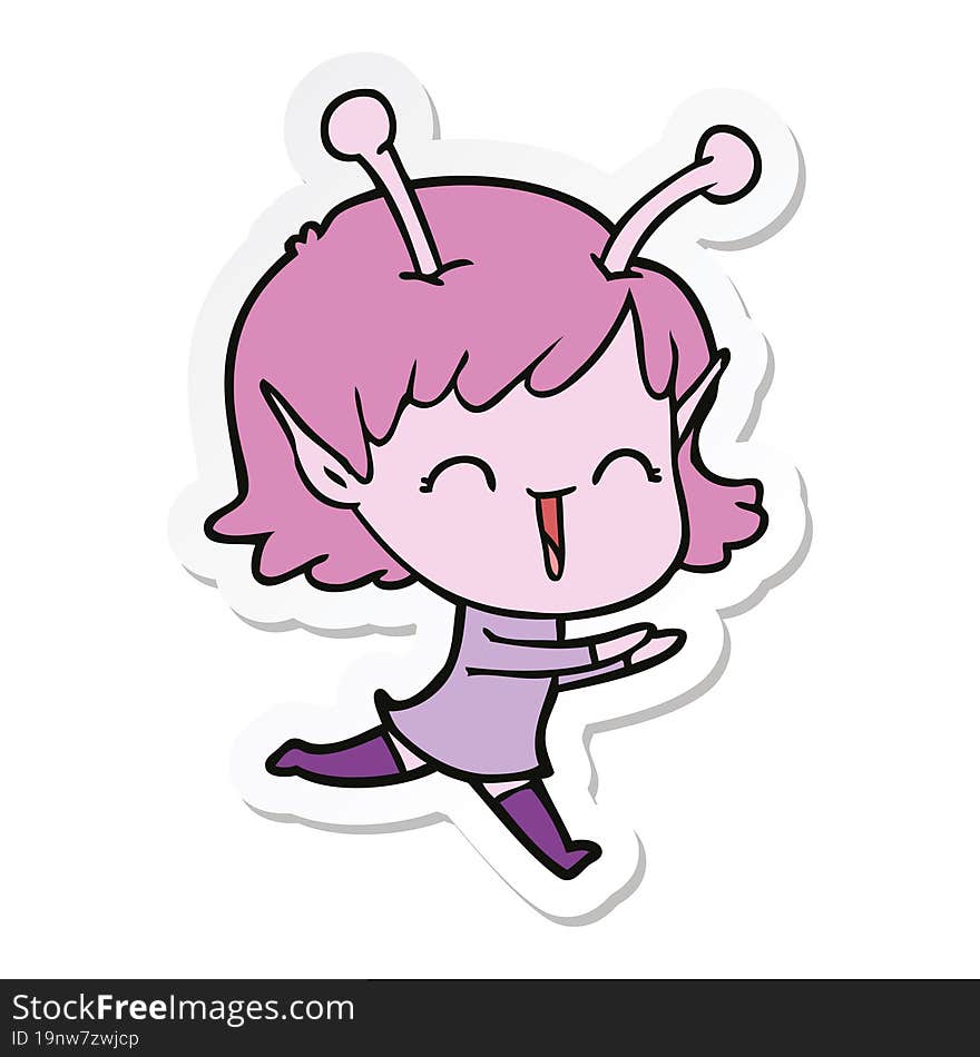 sticker of a cartoon alien girl laughing