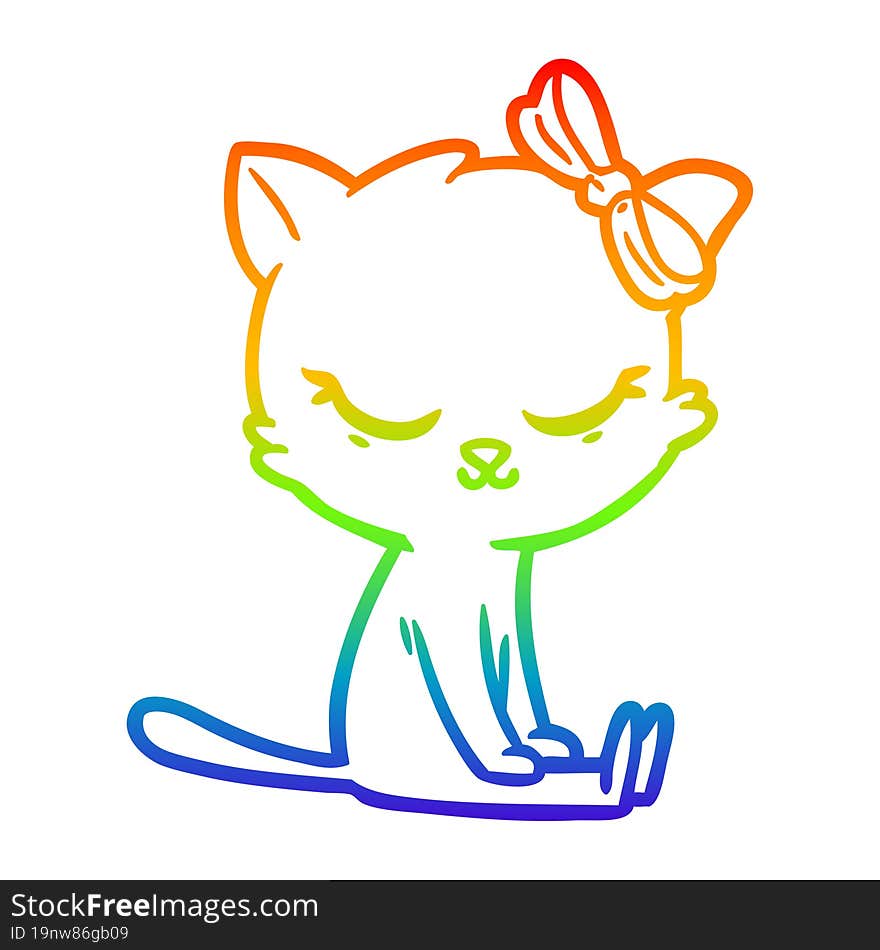 rainbow gradient line drawing of a cute cartoon cat with bow