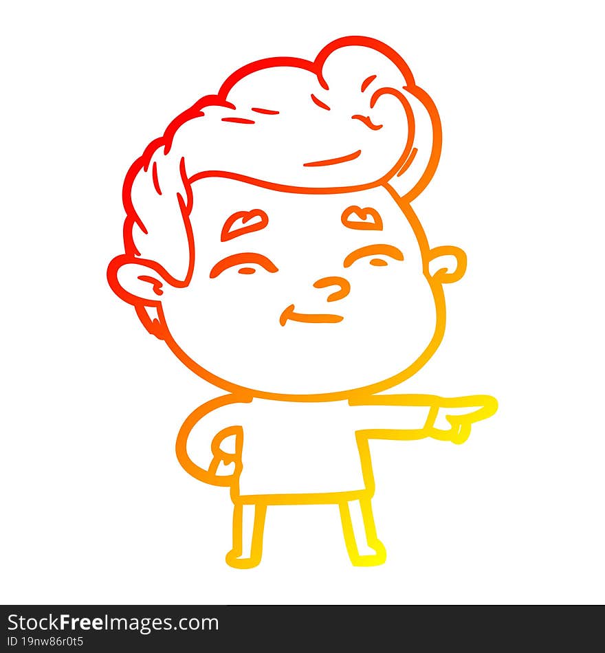 warm gradient line drawing of a happy cartoon man pointing