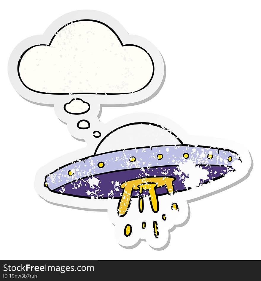 Cartoon Flying UFO And Thought Bubble As A Distressed Worn Sticker