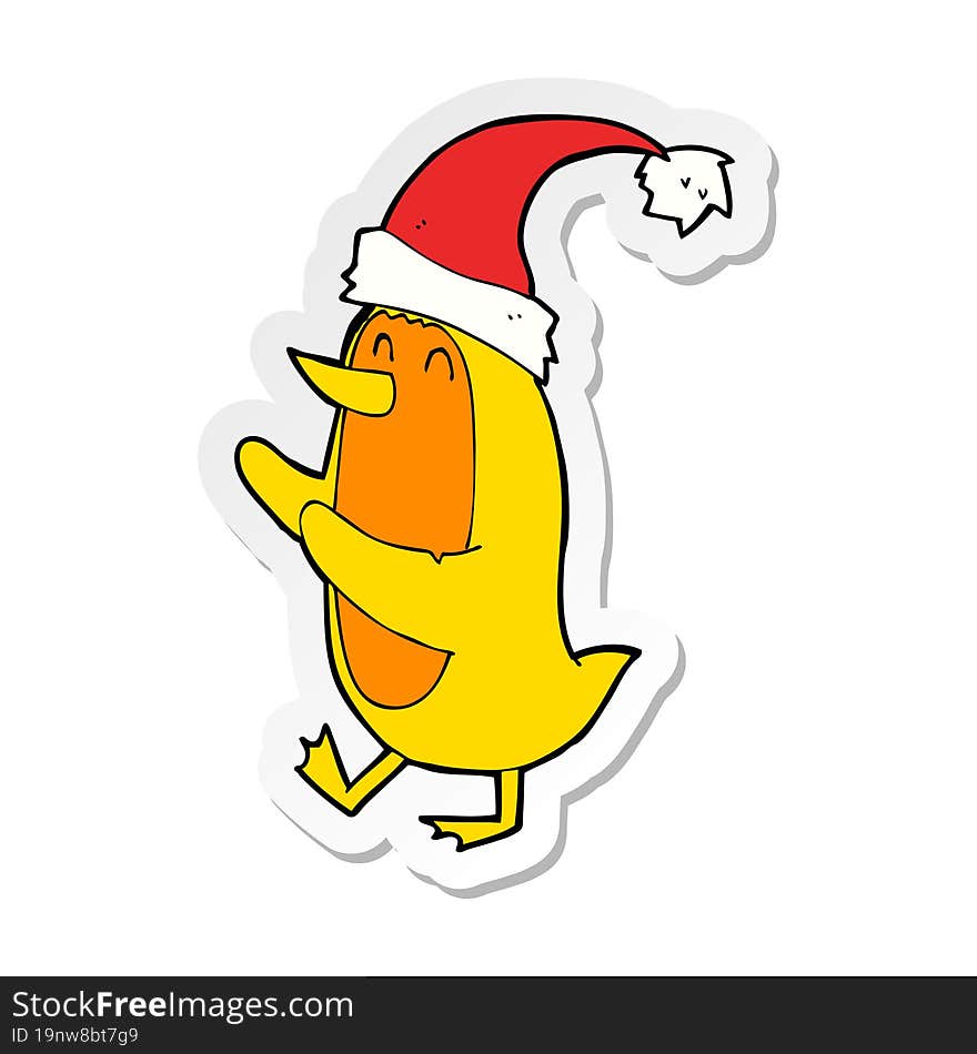 sticker of a cartoon bird wearing xmas hat