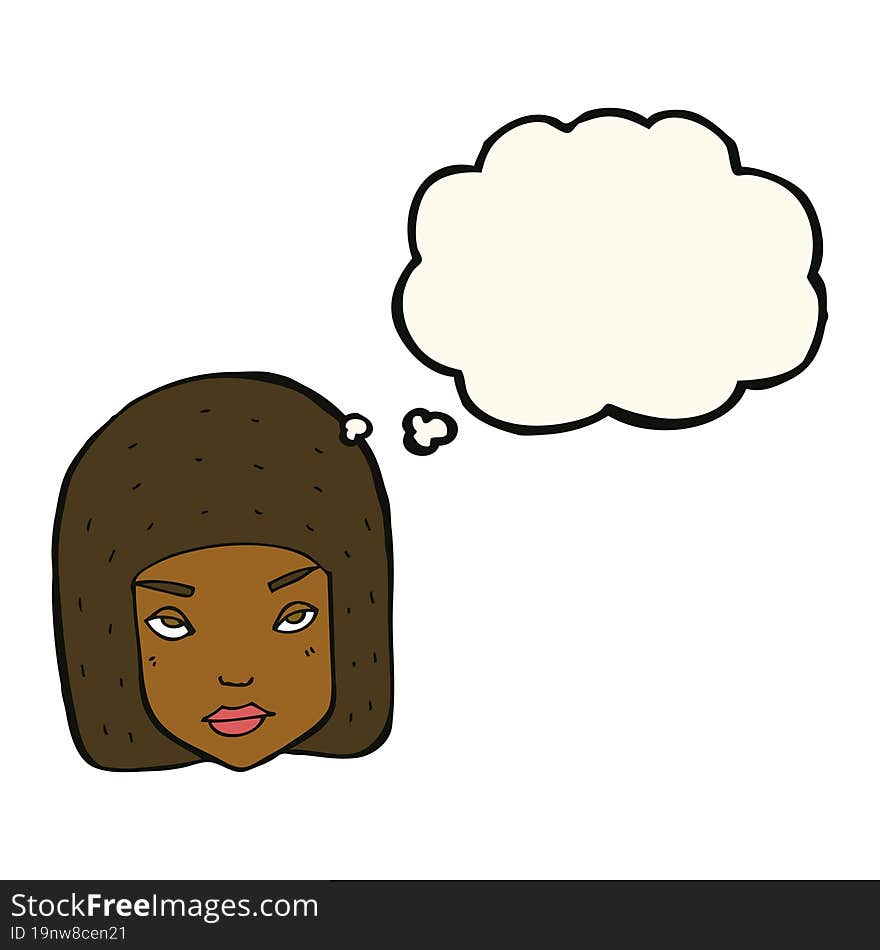 cartoon annoyed female face with thought bubble