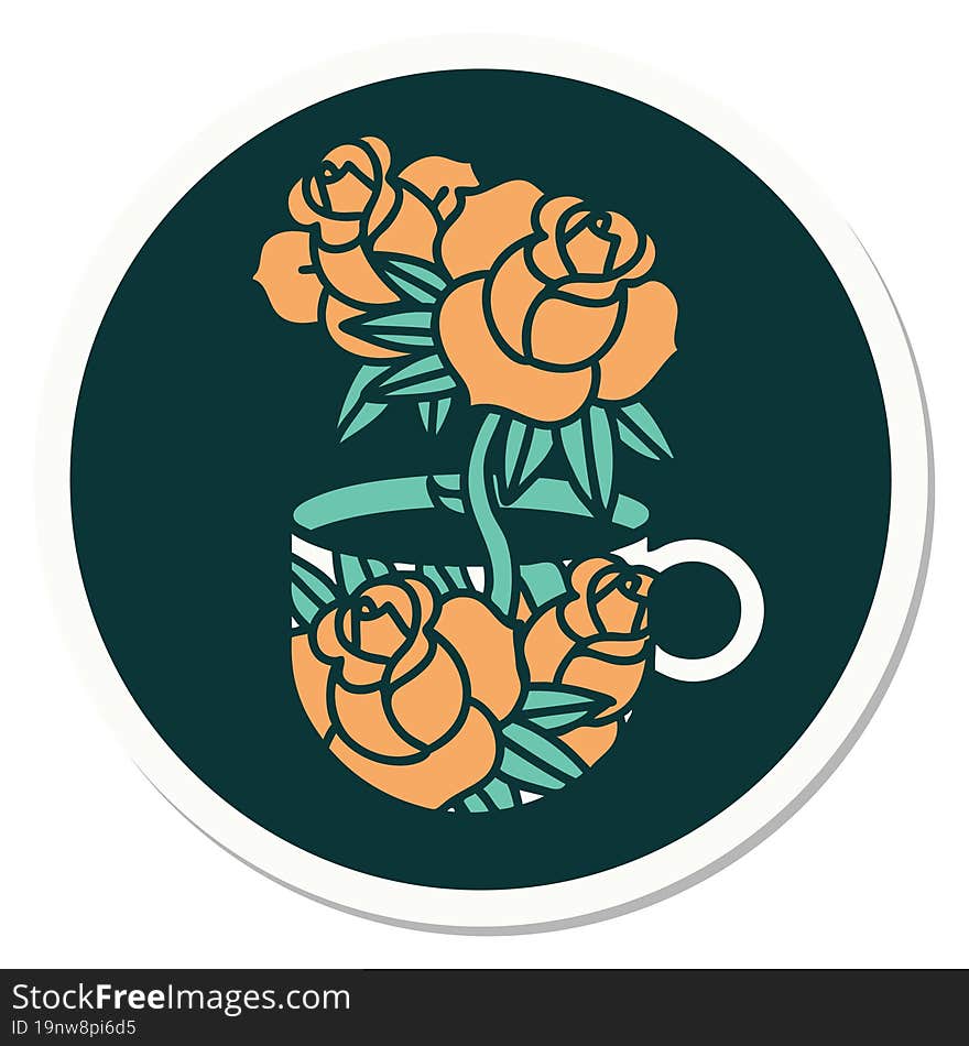 Tattoo Style Sticker Of A Cup And Flowers