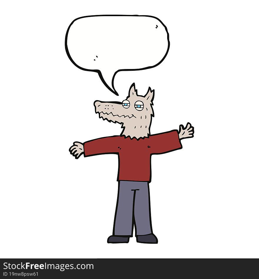 cartoon happy wolf man with speech bubble