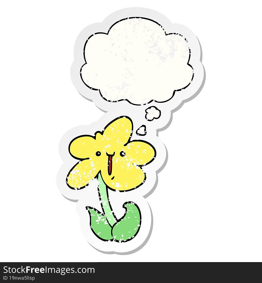 cartoon flower and thought bubble as a distressed worn sticker