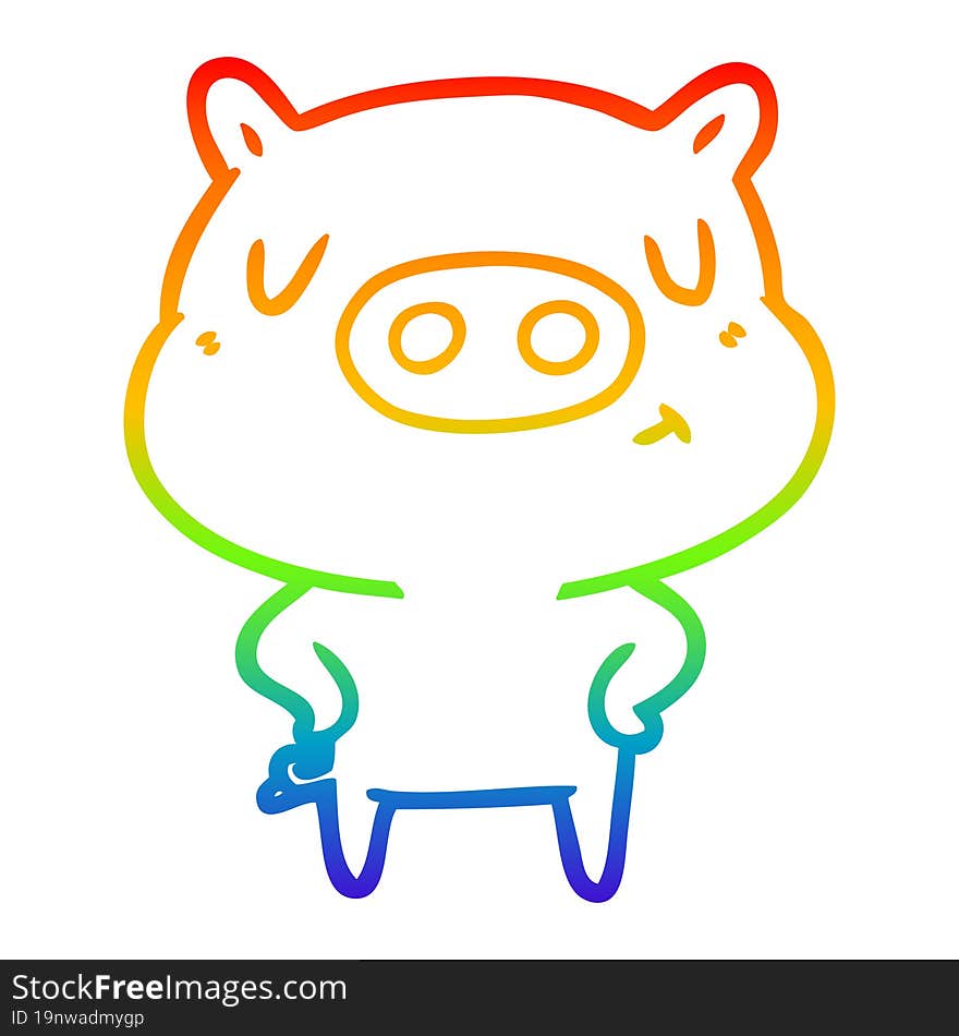 rainbow gradient line drawing of a cartoon content pig