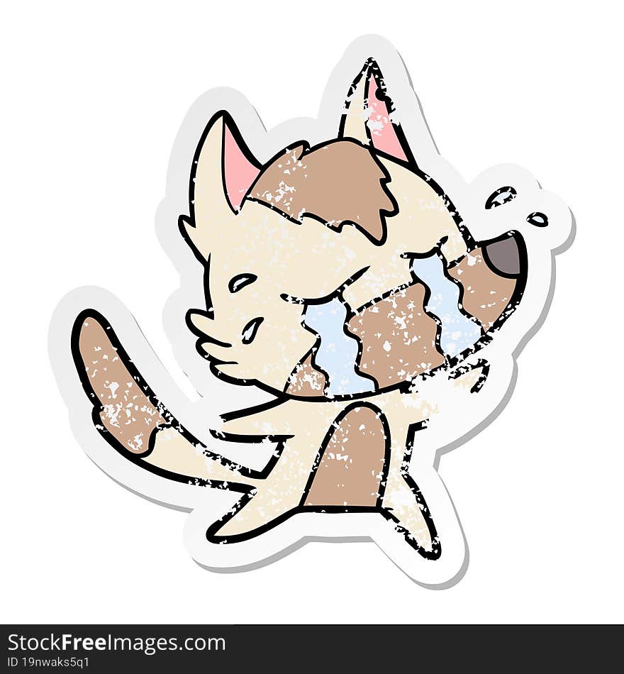 distressed sticker of a cartoon crying wolf