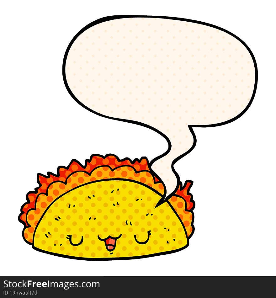 cartoon taco and speech bubble in comic book style