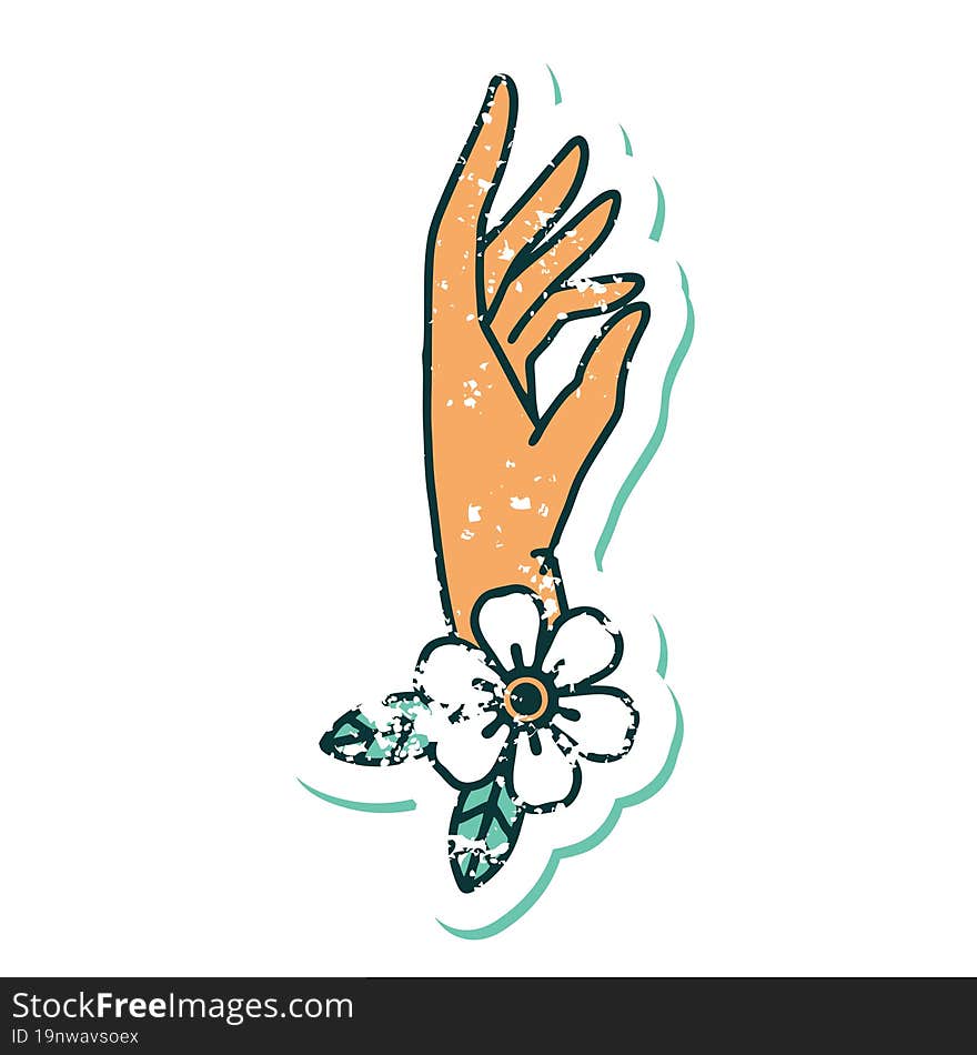 iconic distressed sticker tattoo style image of a hand and flower. iconic distressed sticker tattoo style image of a hand and flower