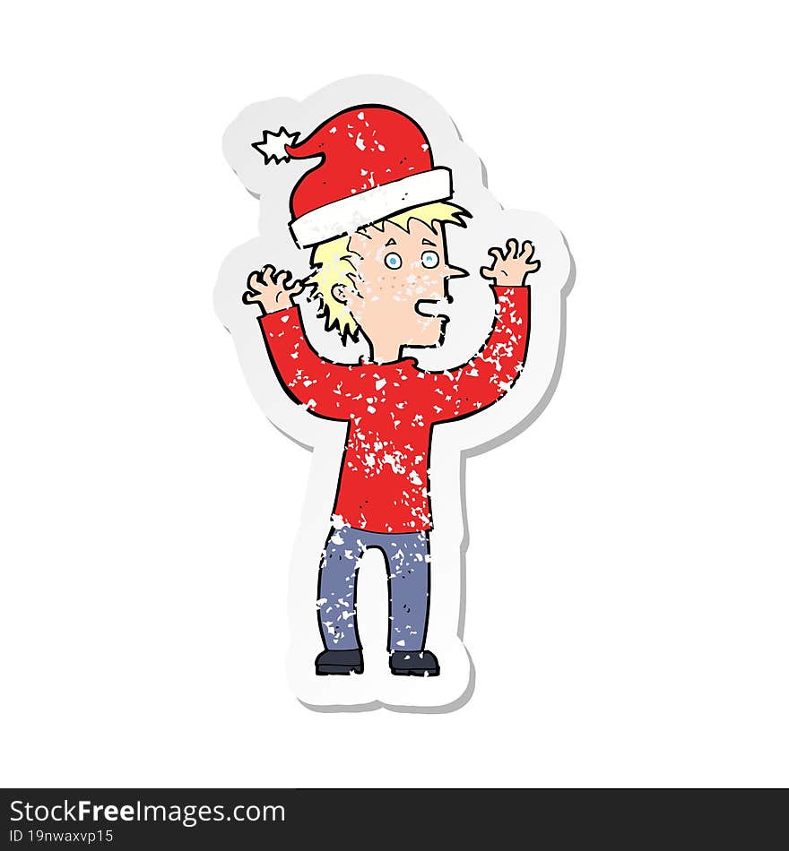 Retro Distressed Sticker Of A Cartoon Man Ready For Christmas