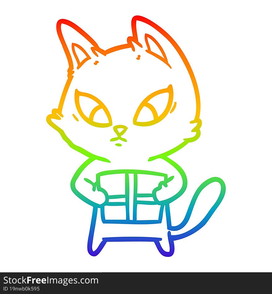 rainbow gradient line drawing confused cartoon cat with gift