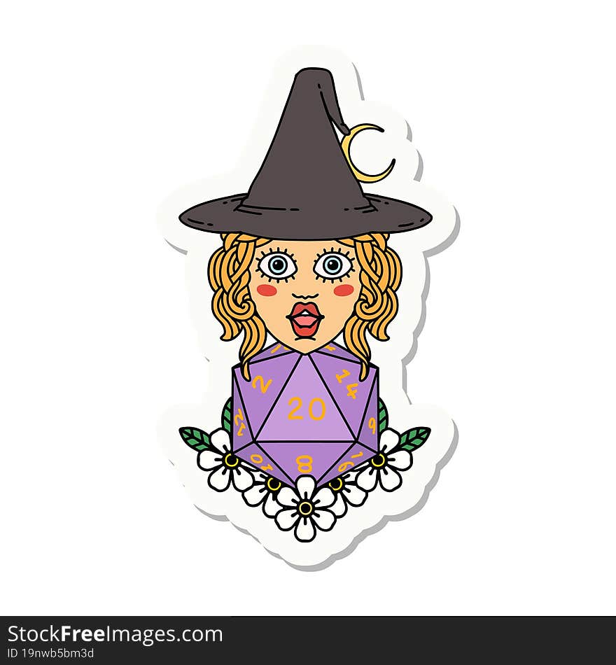 human witch with natural twenty dice roll sticker