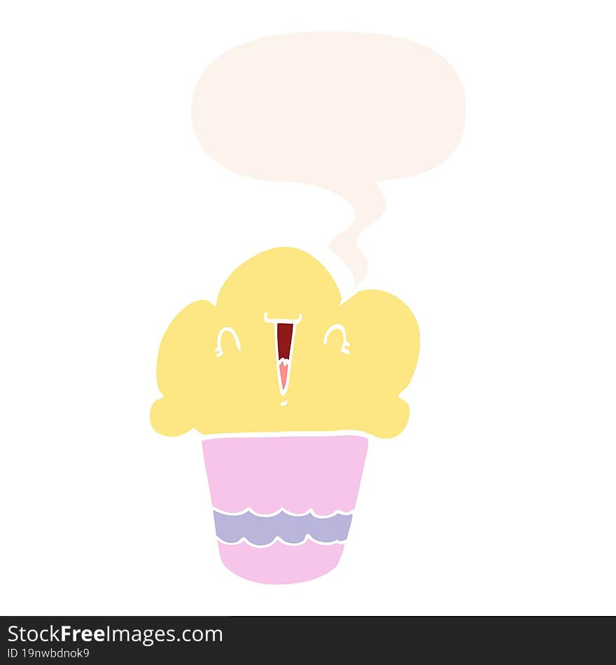 cartoon cupcake with face with speech bubble in retro style. cartoon cupcake with face with speech bubble in retro style