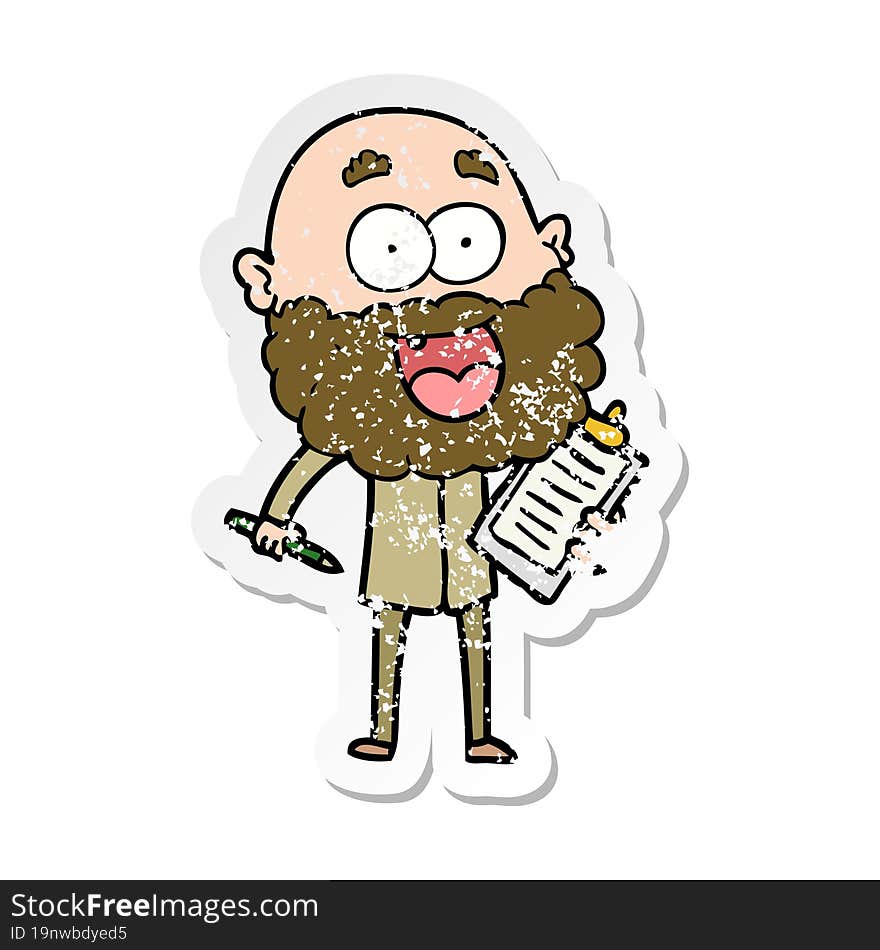 Distressed Sticker Of A Cartoon Crazy Happy Man With Beard And Clip Board For Notes