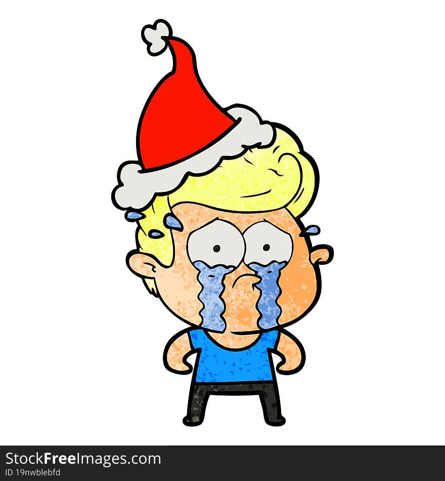 hand drawn textured cartoon of a crying man wearing santa hat