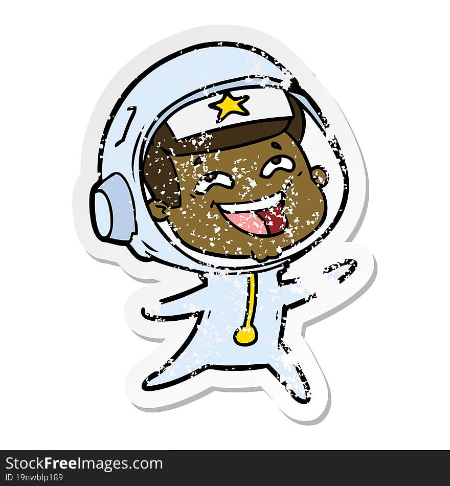 distressed sticker of a cartoon laughing astronaut