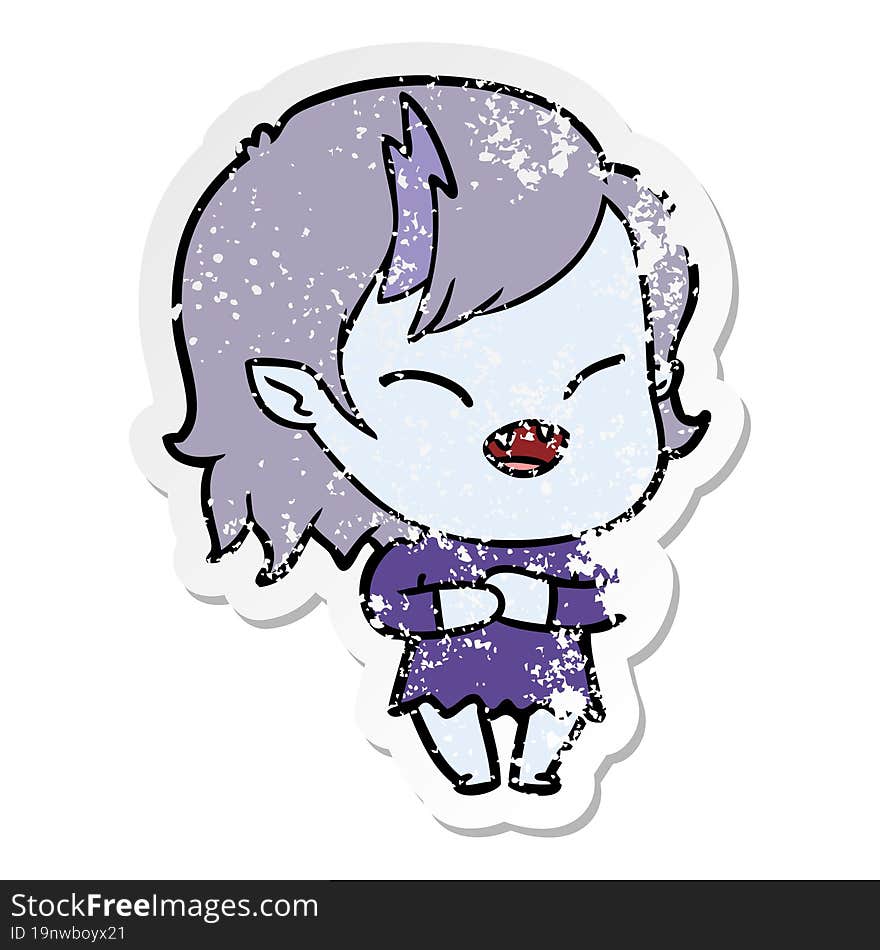 distressed sticker of a cartoon laughing vampire girl