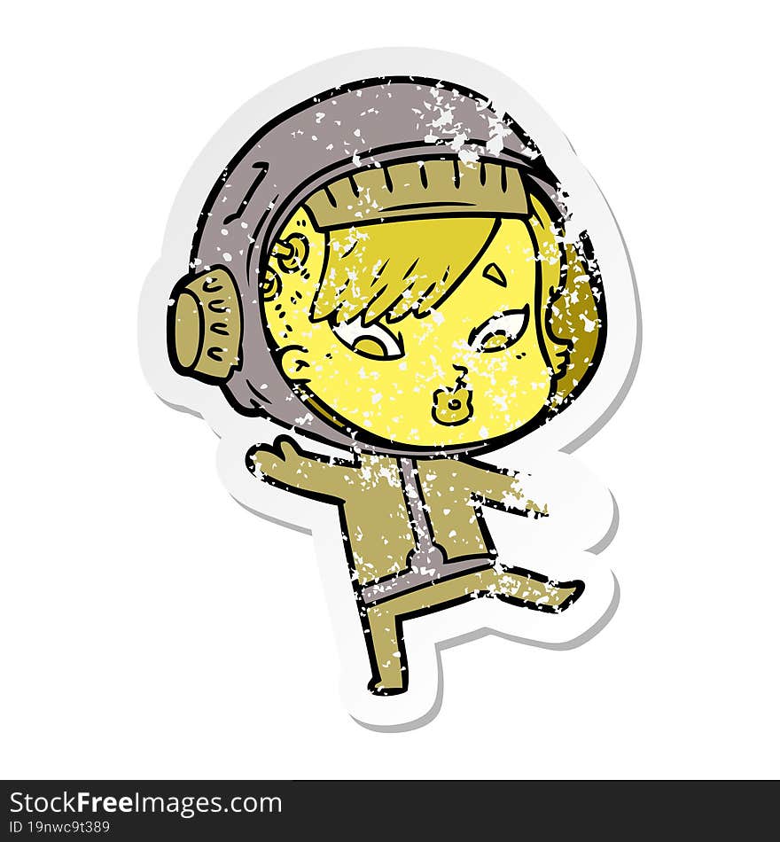 distressed sticker of a cartoon astronaut woman