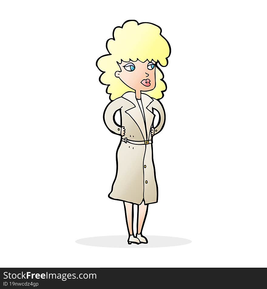 cartoon woman in trench coat