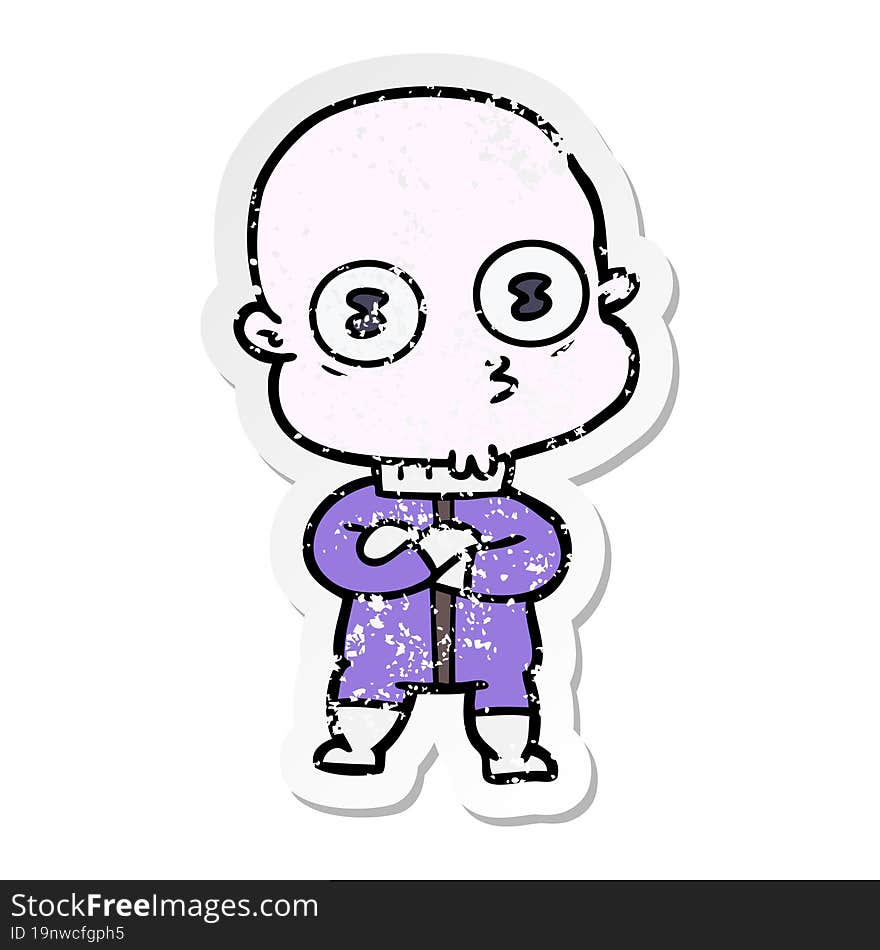 distressed sticker of a cartoon weird bald spaceman