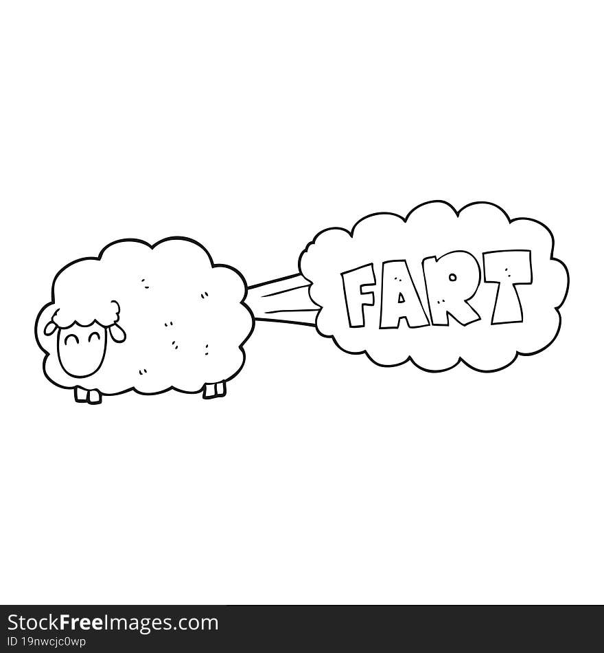 freehand drawn black and white cartoon farting sheep