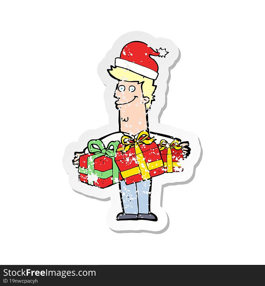 retro distressed sticker of a cartoon man with gifts