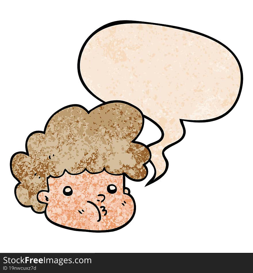 cartoon boy with speech bubble in retro texture style