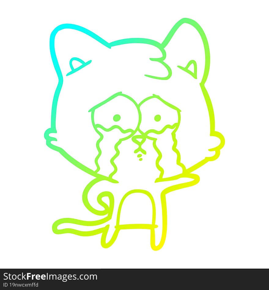 Cold Gradient Line Drawing Cartoon Crying Cat