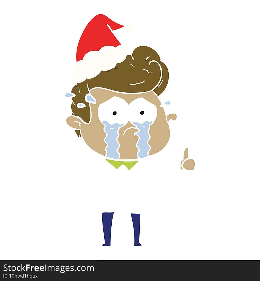 flat color illustration of a crying man wearing santa hat