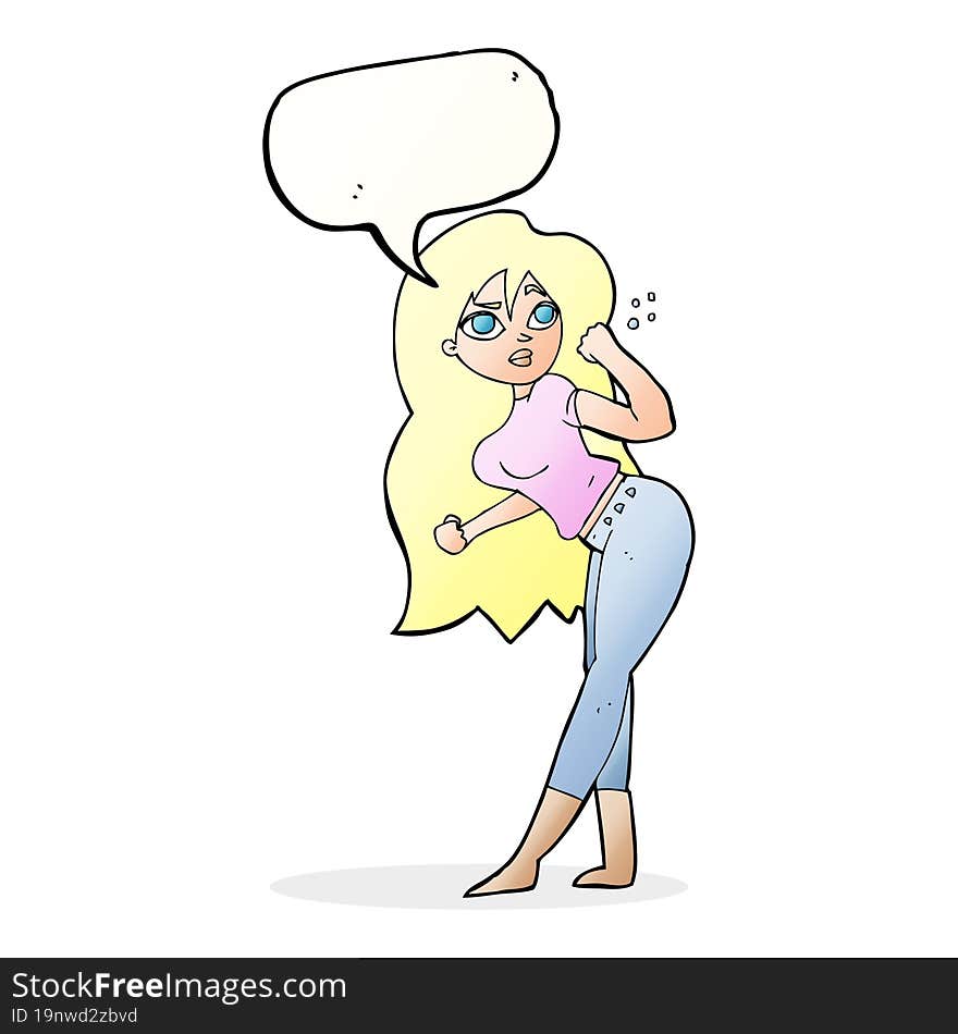 cartoon woman raising fist with speech bubble