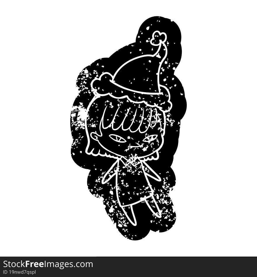 cartoon distressed icon of a woman wearing santa hat