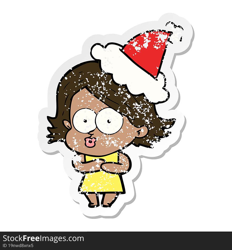 Distressed Sticker Cartoon Of A Girl Pouting Wearing Santa Hat