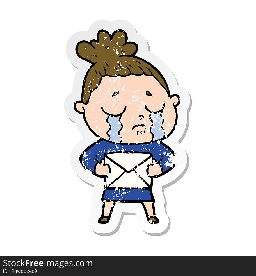 distressed sticker of a cartoon crying woman with letter