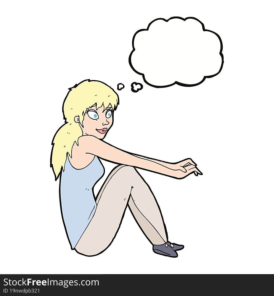 Cartoon Happy Woman Sitting With Thought Bubble