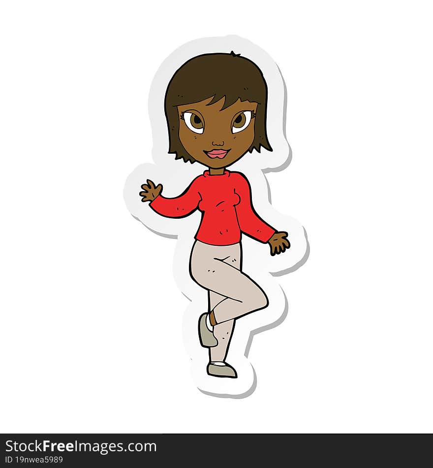 sticker of a cartoon pretty woman waving