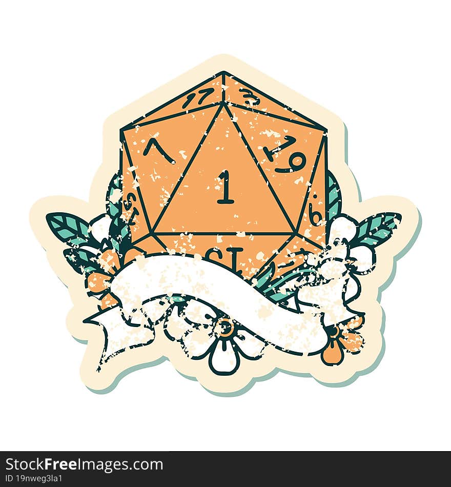 Retro Tattoo Style natural one d20 dice roll. Retro Tattoo Style natural one d20 dice roll