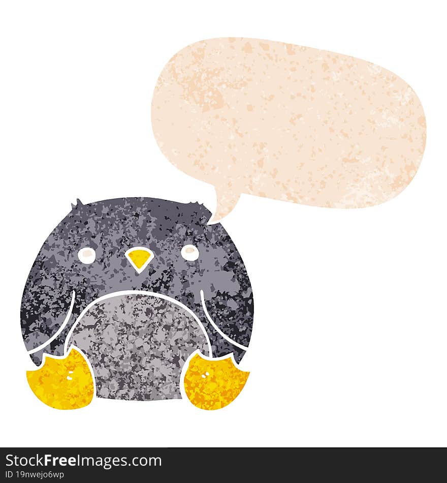 cartoon penguin and speech bubble in retro textured style