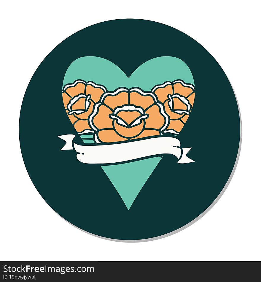 tattoo style sticker of a heart and banner with flowers