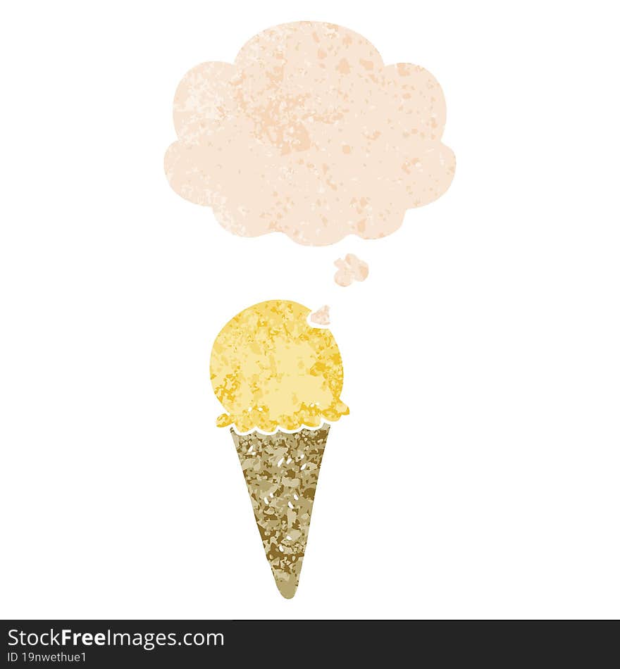 Cartoon Ice Cream And Thought Bubble In Retro Textured Style