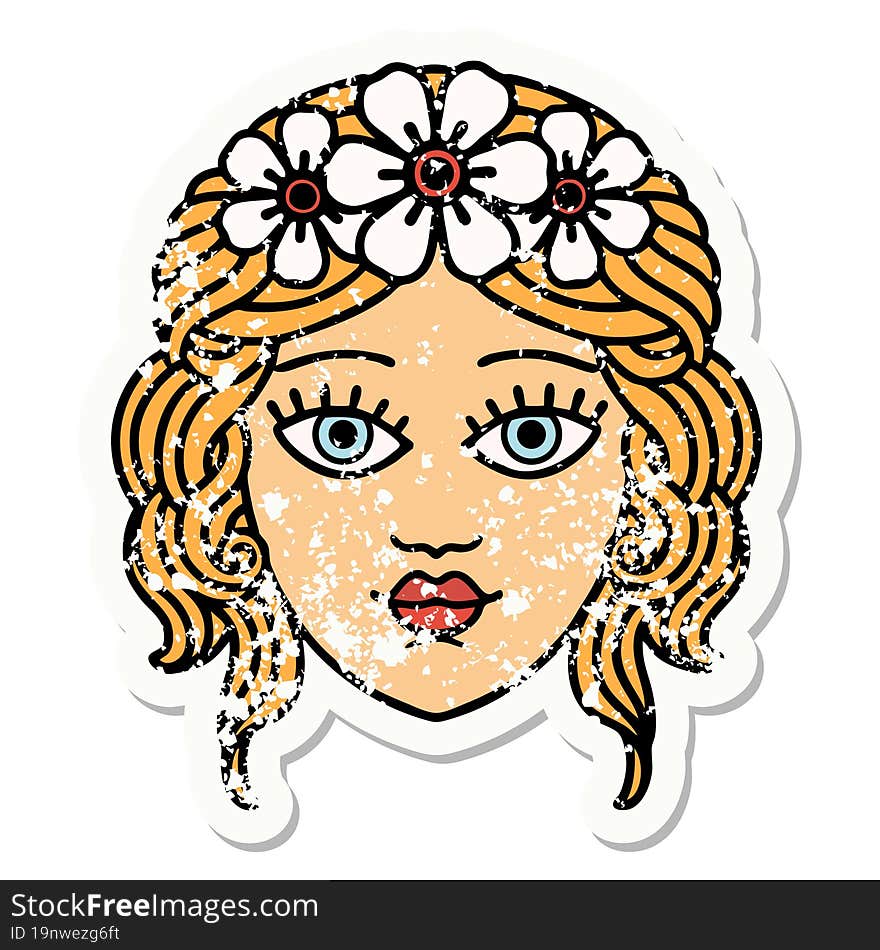 traditional distressed sticker tattoo of female face with crown of flowers