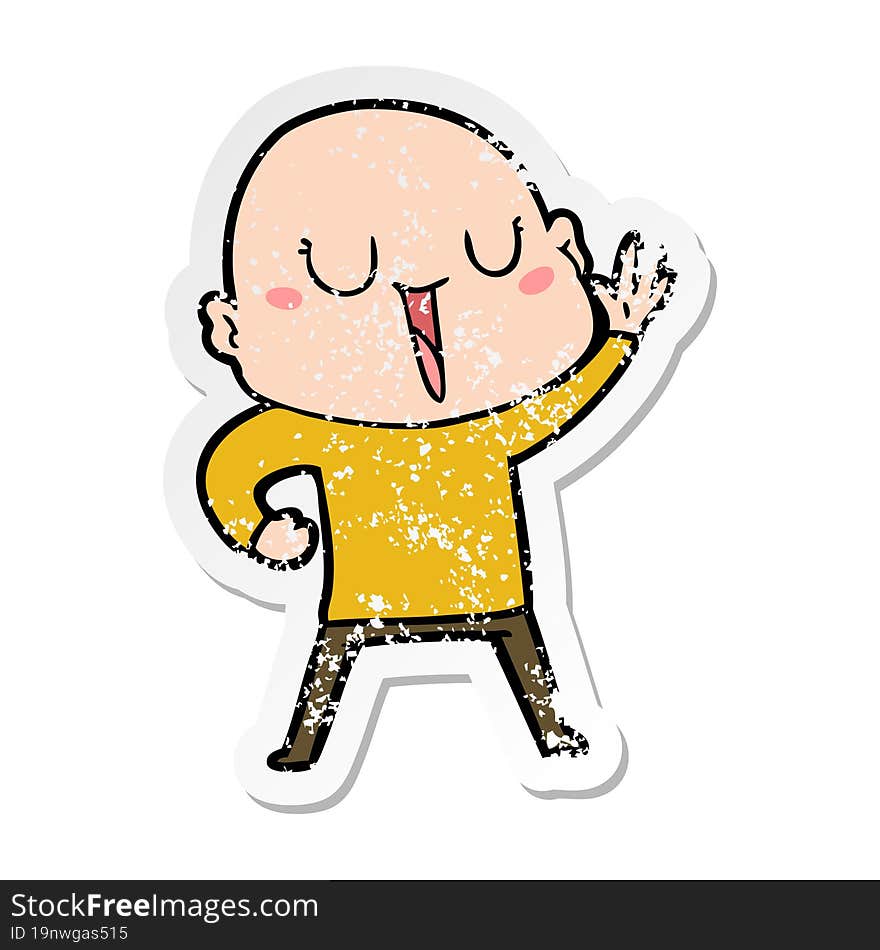 distressed sticker of a happy cartoon bald man