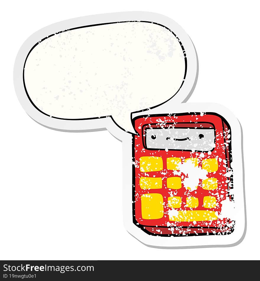 cartoon calculator with speech bubble distressed distressed old sticker. cartoon calculator with speech bubble distressed distressed old sticker