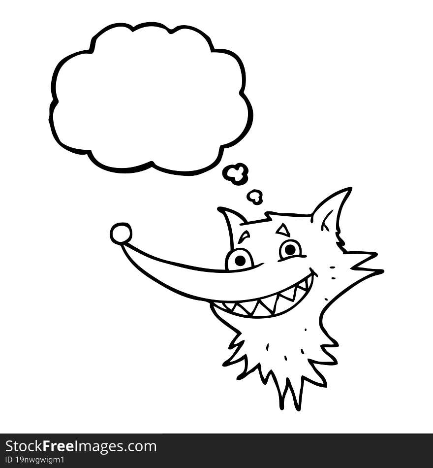 freehand drawn thought bubble cartoon grinning wolf face