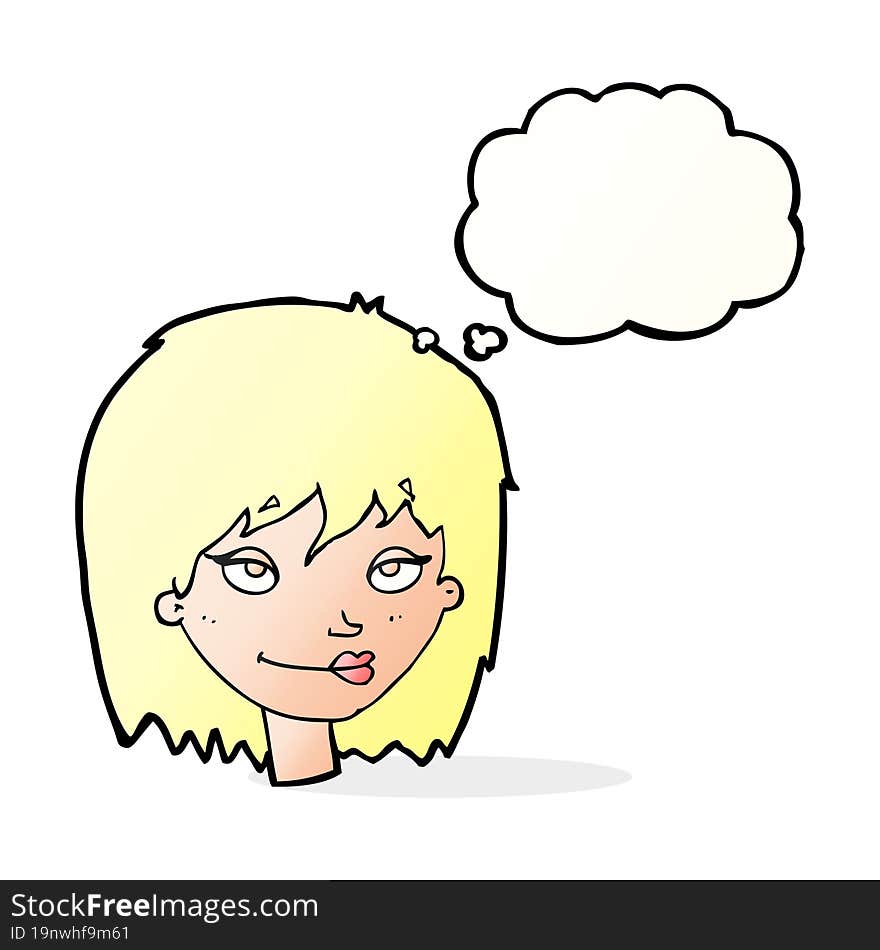 cartoon smiling woman with thought bubble