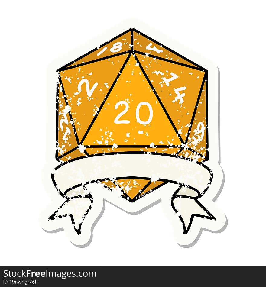 grunge sticker of a natural 20 critical hit D20 dice roll. grunge sticker of a natural 20 critical hit D20 dice roll