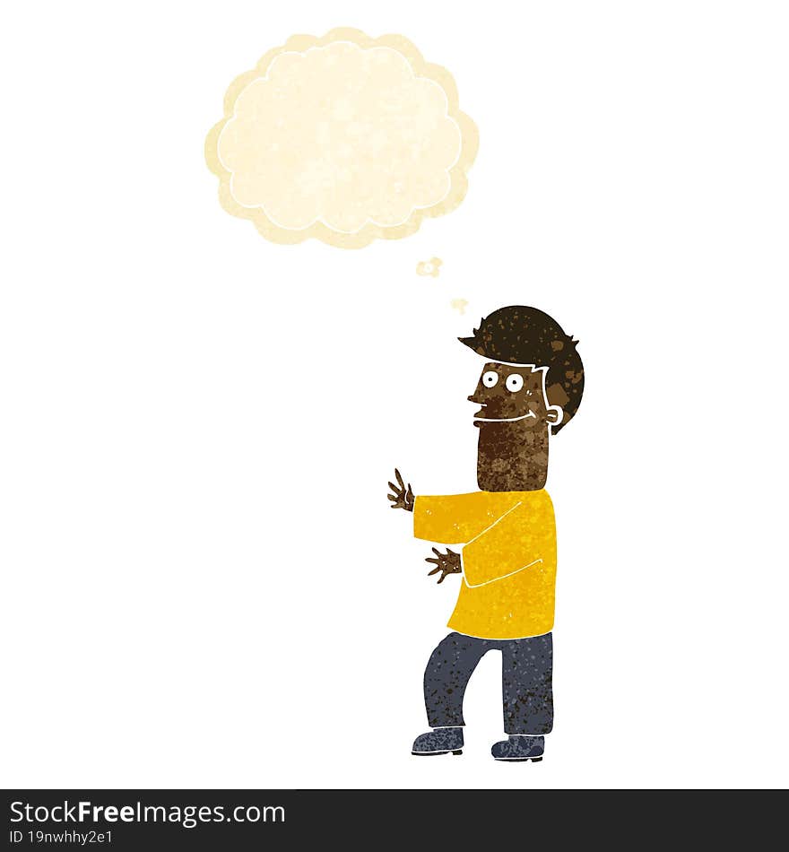 cartoon man gesturing with thought bubble