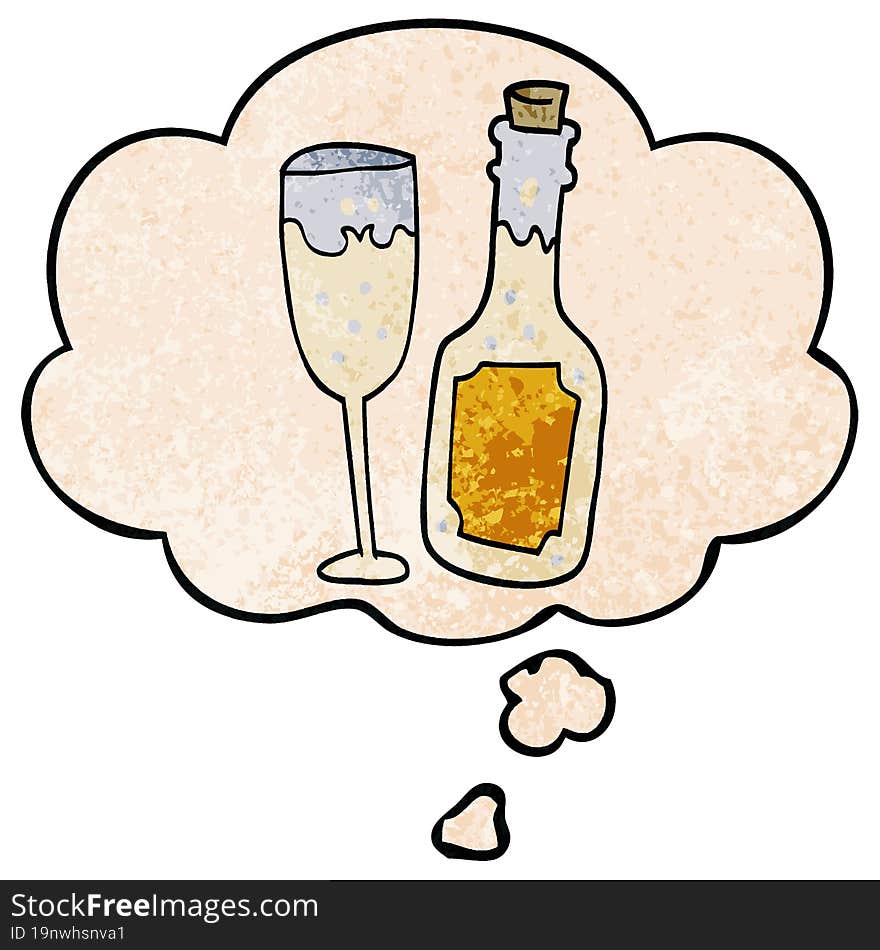 cartoon champagne bottle and glass and thought bubble in grunge texture pattern style